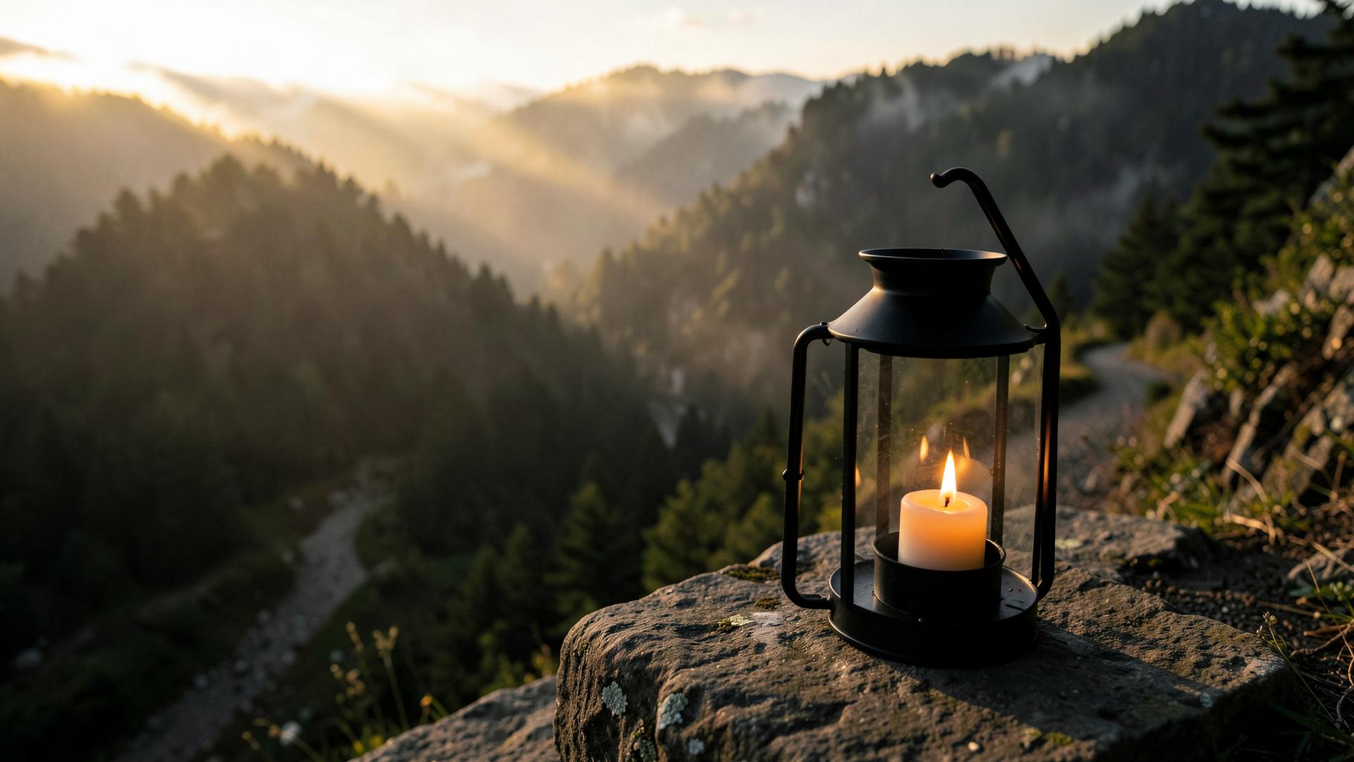 A glowing lantern on a stone beside a mountain path at sunrise